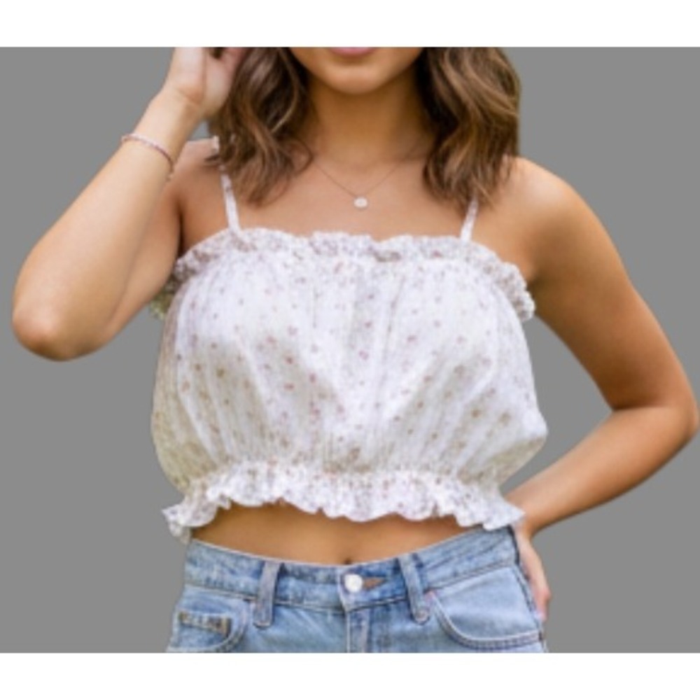 Vintage CROPPED BUBBLE TOP Daisy Duke CottageCore Cream Floral Handmade Boho S/M